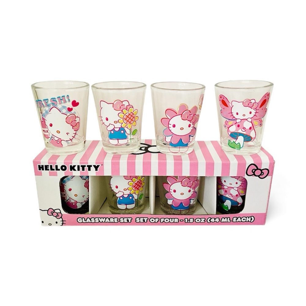 Hello Kitty Sanrio Mini Glassware Shot Glass Spring Garden Sunflower Set of 4
